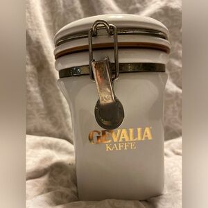 Gevalia Kaffe  Off-White & Gold Ceramic Coffee Canister Brass Trim